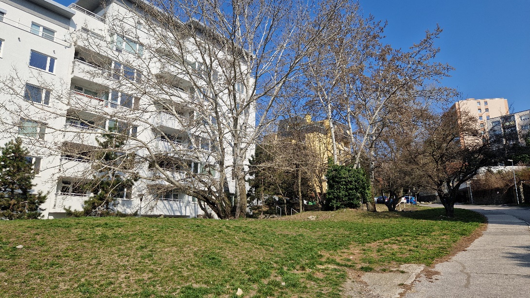 Zelená plocha a stromy pri bytových domoch za hotelom Brix